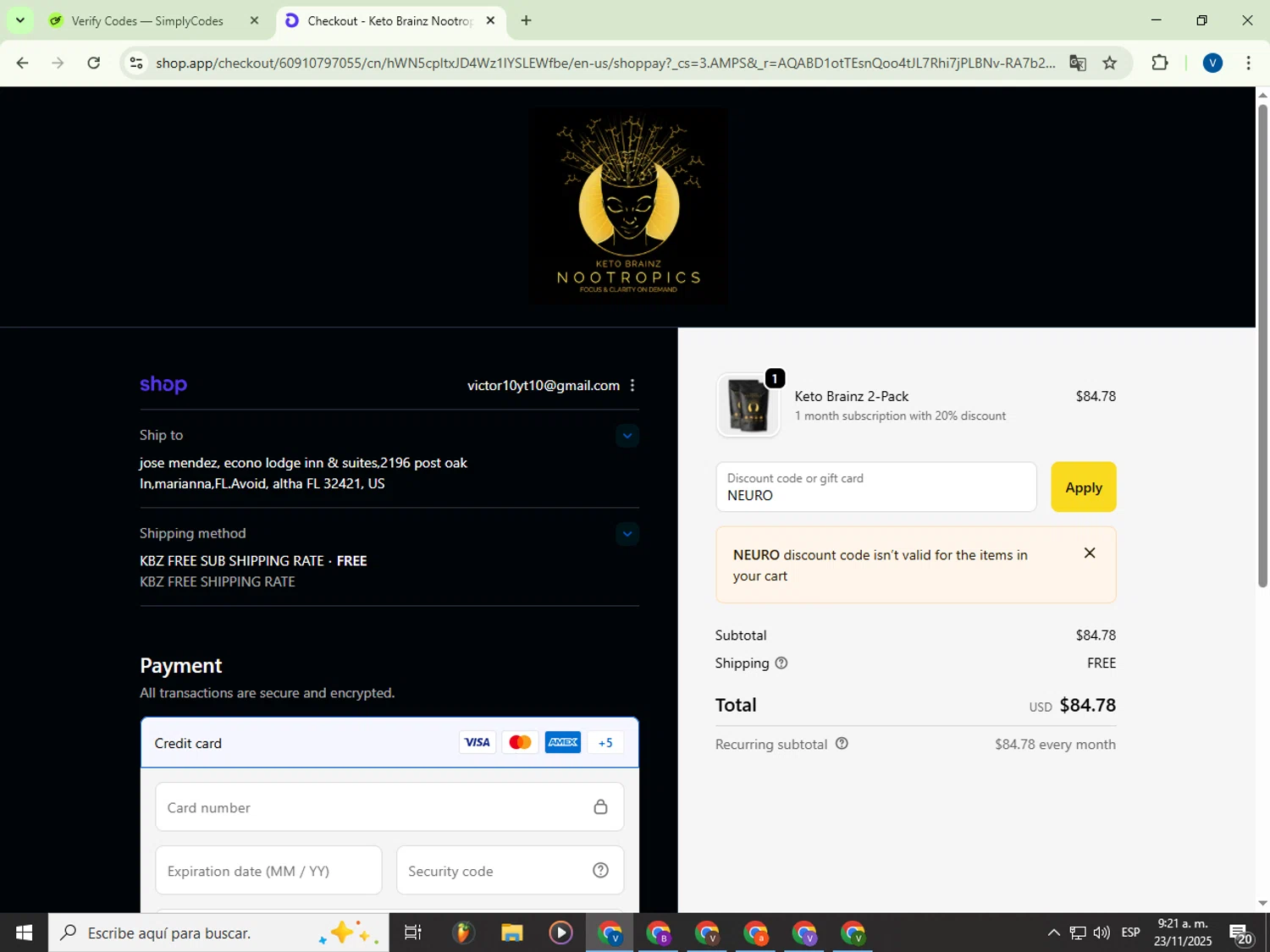 Keto Brainz promo code screenshot showing code NEURO applied at Keto Brainz checkout page. Uploaded by SimplyCodes community member Garou_Y2K on Nov 23, 2025