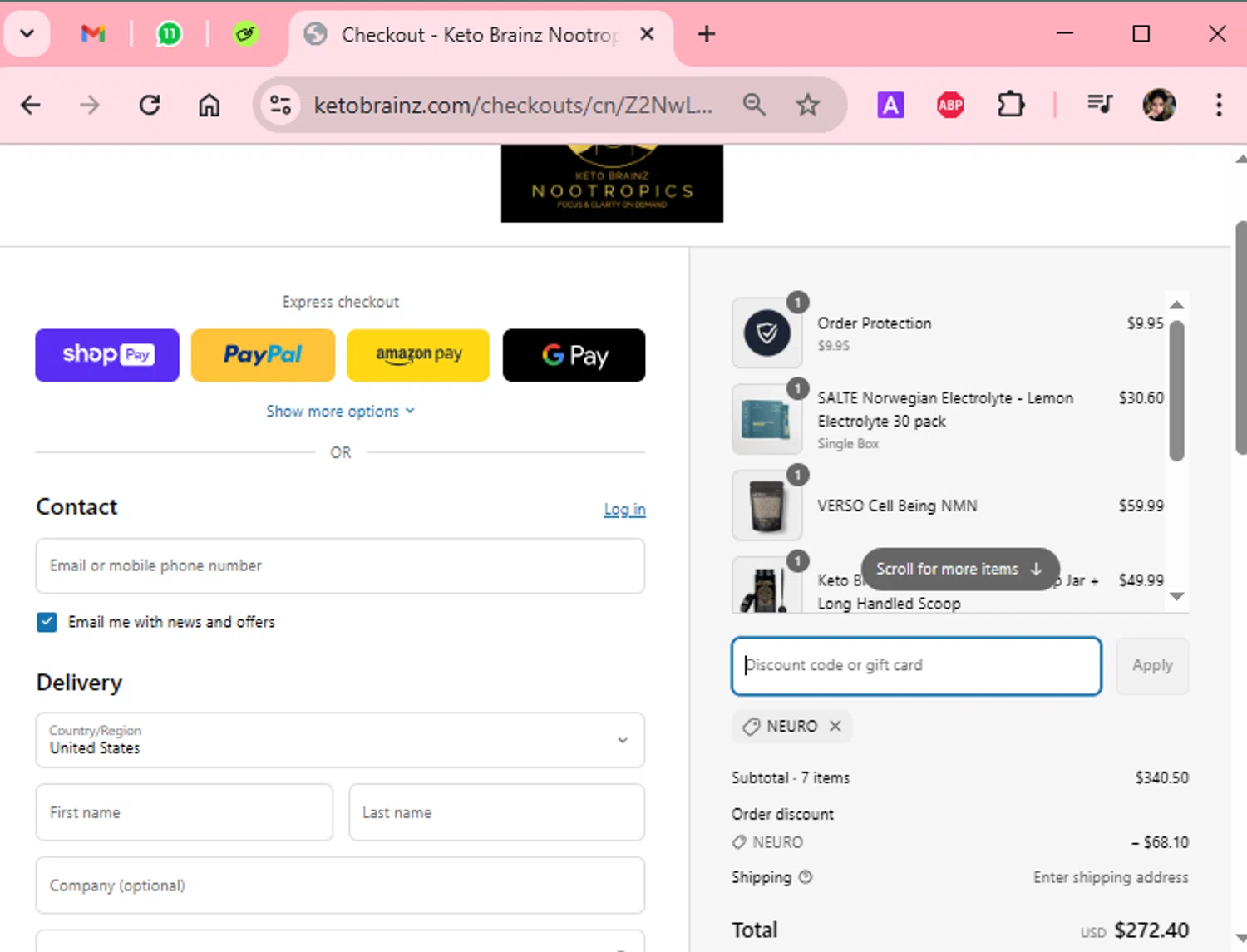 Keto Brainz promo code screenshot showing code NEURO applied at Keto Brainz checkout page. Uploaded by SimplyCodes community member Scarleth_2GGD on Apr 17, 2025