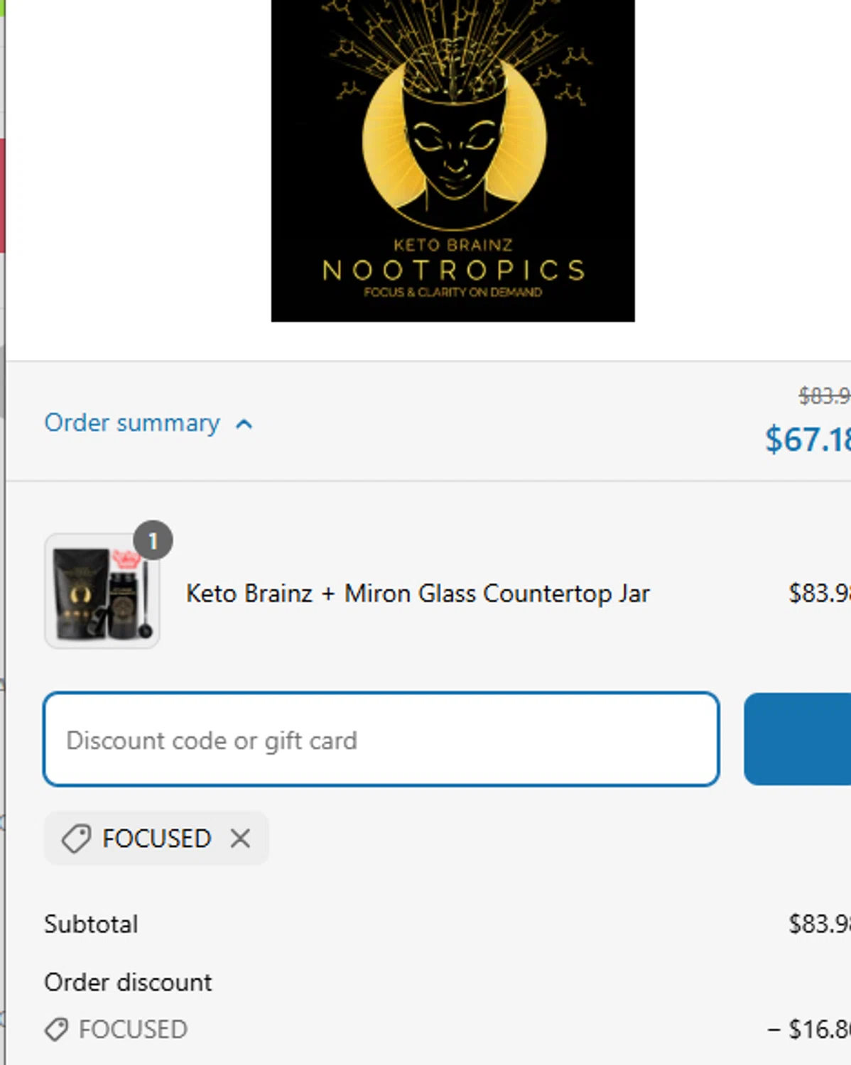 Keto Brainz promo code screenshot showing code FOCUSED applied at Keto Brainz checkout page. Uploaded by SimplyCodes community member CouponSaver3821 on Apr 17, 2025