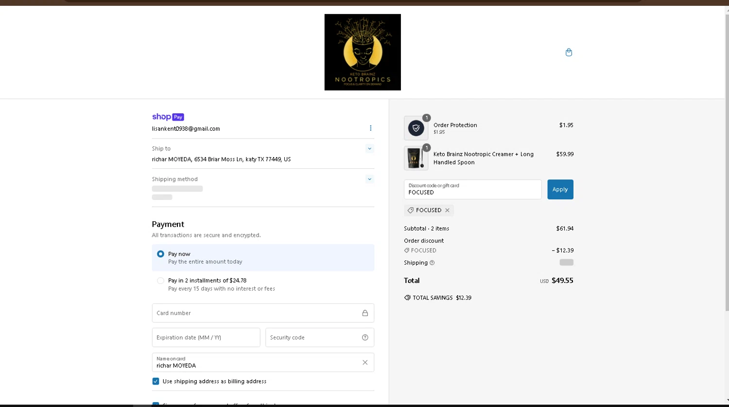 Keto Brainz promo code screenshot showing code FOCUSED applied at Keto Brainz checkout page. Uploaded by SimplyCodes community member drevin007 on Feb 8, 2025