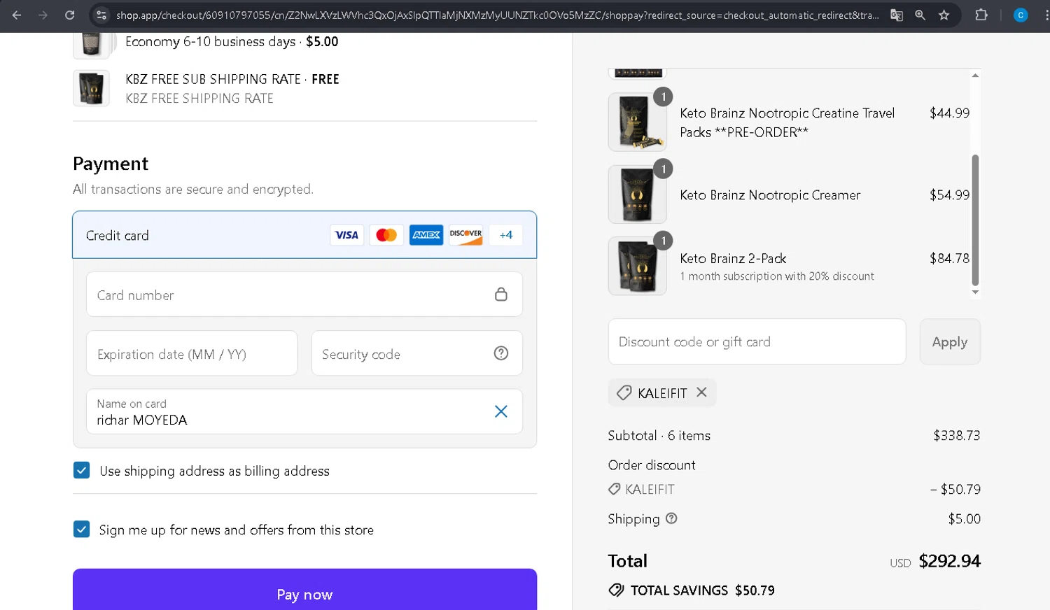 Keto Brainz promo code screenshot showing code KaleiFIT applied at Keto Brainz checkout page. Uploaded by SimplyCodes community member PromoBoss9319 on Jul 9, 2025