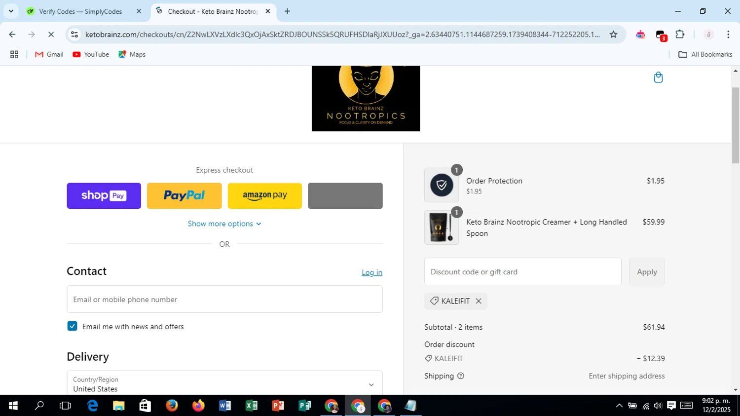 Keto Brainz promo code screenshot showing code KaleiFIT applied at Keto Brainz checkout page. Uploaded by SimplyCodes community member ThriftyScout4426 on Feb 13, 2025