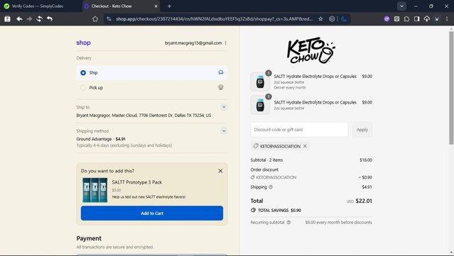 Keto Chow checkout page showing Keto Chow discount code box | Screenshot taken by SimplyCodes community member on Sep 6, 2025