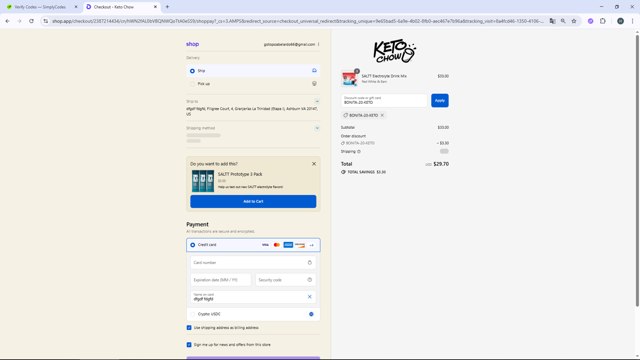 Keto Chow checkout page showing Keto Chow discount code box | Screenshot taken by SimplyCodes community member on Sep 6, 2025