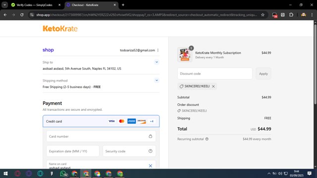 Keto Krate checkout page showing Keto Krate promo code box | Screenshot taken by SimplyCodes community member on Sep 3, 2025