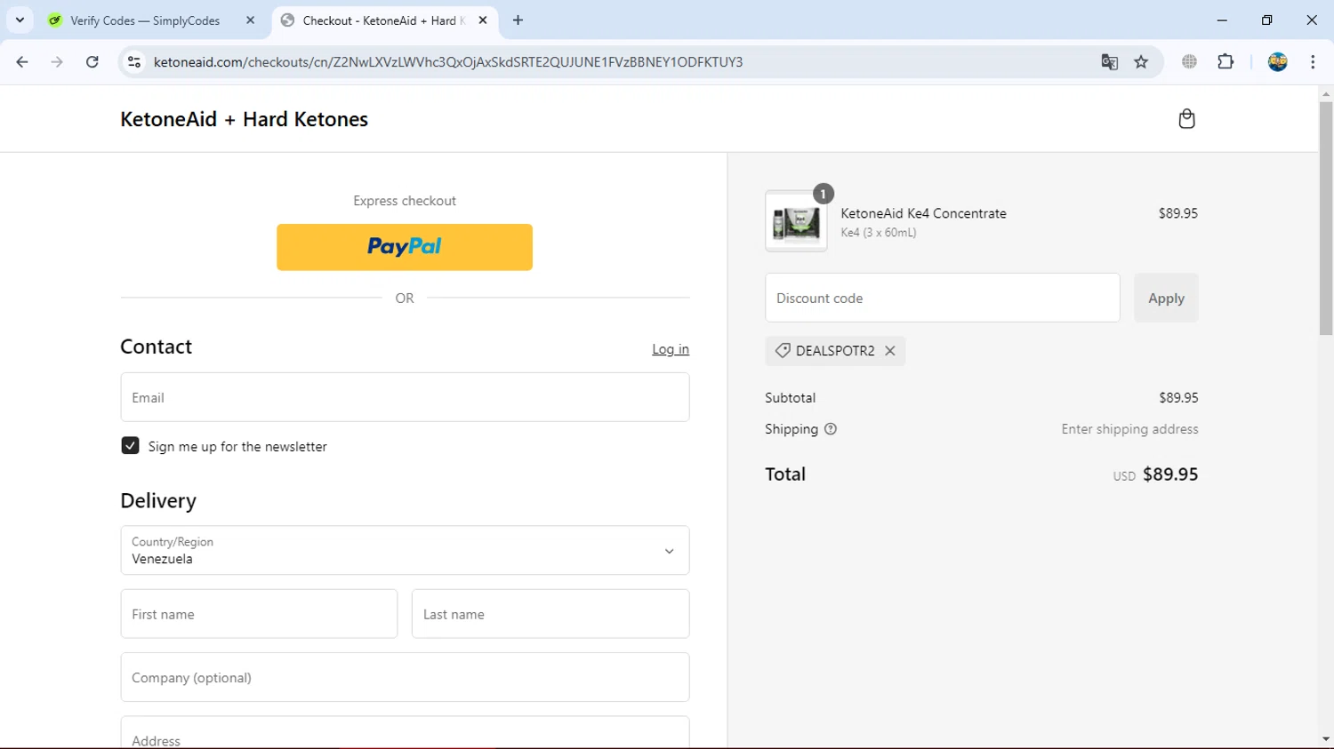 KetoneAid discount code screenshot showing code DEALSPOTR2 applied at KetoneAid checkout page. Uploaded by SimplyCodes community member gleykerjose on Jan 4, 2025