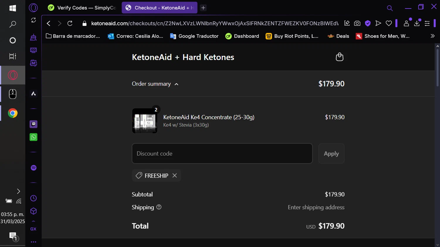 KetoneAid discount code screenshot showing code FREESHIP applied at KetoneAid checkout page. Uploaded by SimplyCodes community member Depresiva on Mar 31, 2025