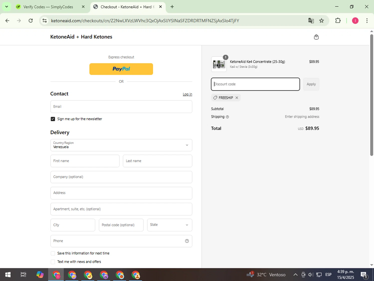 KetoneAid discount code screenshot showing code FREESHIP applied at KetoneAid checkout page. Uploaded by SimplyCodes community member FortunateExpert1626 on Apr 15, 2025