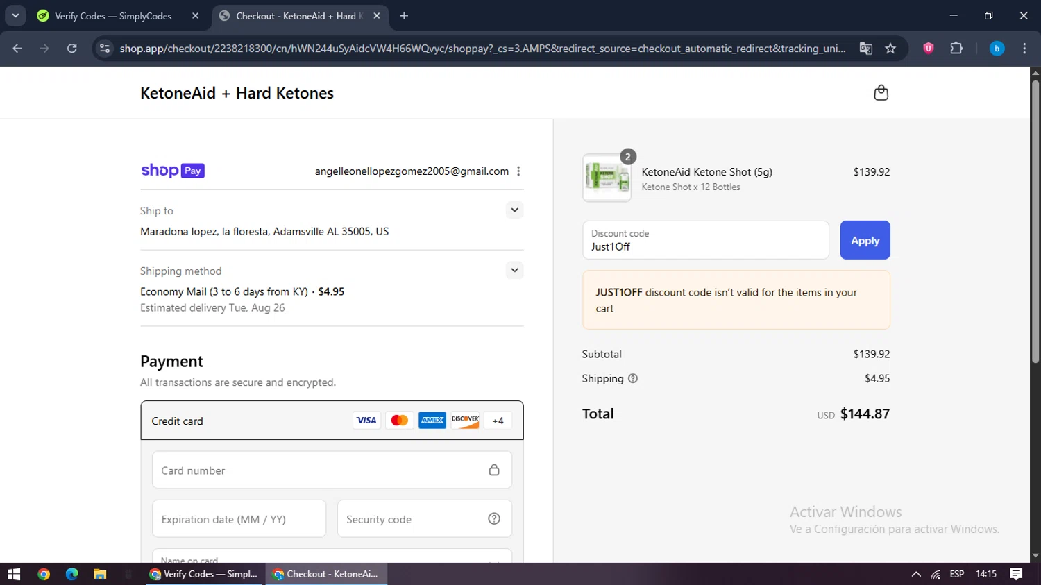 KetoneAid discount code screenshot showing code Just1Off applied at KetoneAid checkout page. Uploaded by SimplyCodes community member bilijr on Aug 21, 2025