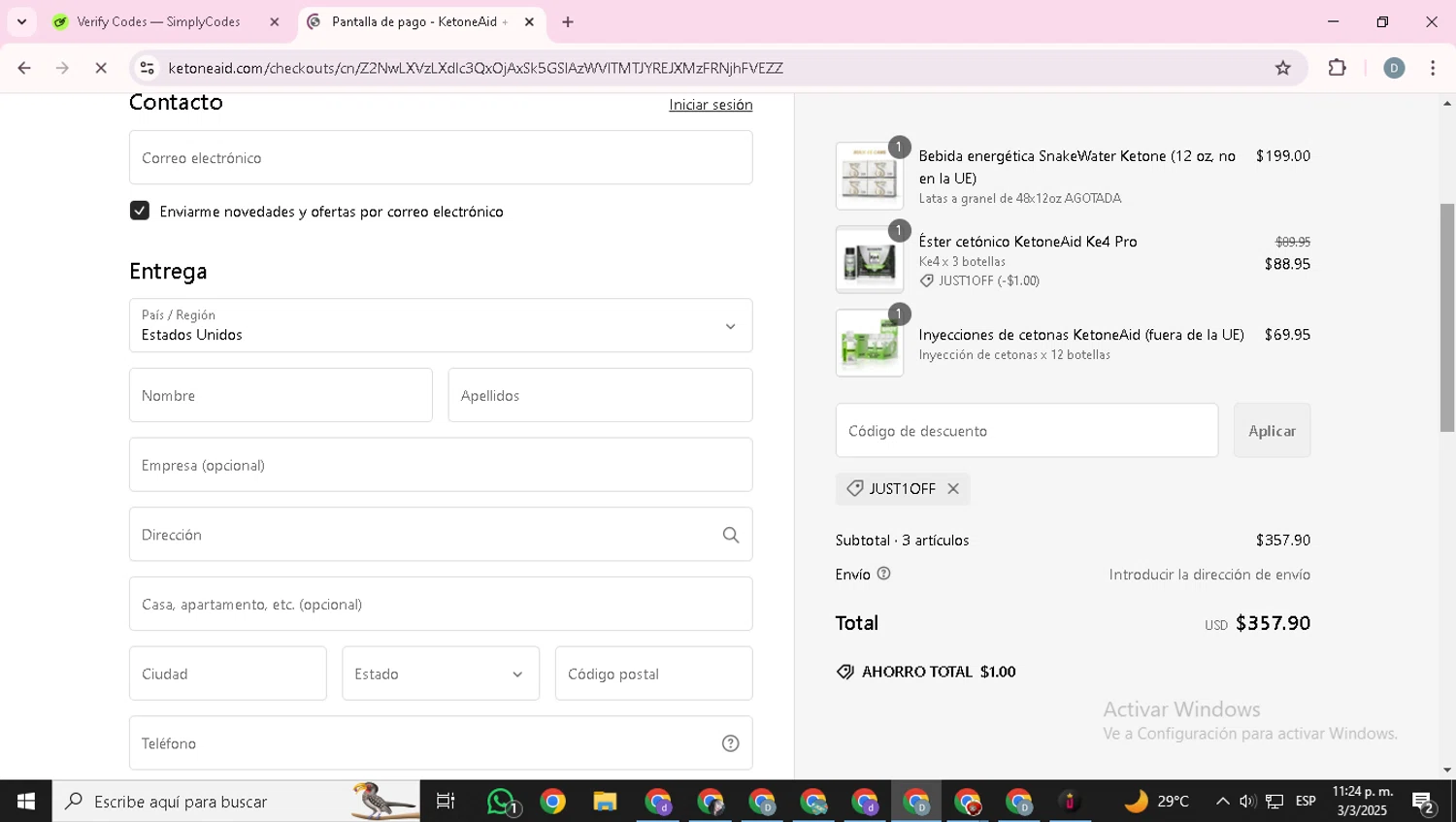 KetoneAid discount code screenshot showing code Just1Off applied at KetoneAid checkout page. Uploaded by SimplyCodes community member NobleCollector8318 on Mar 4, 2025