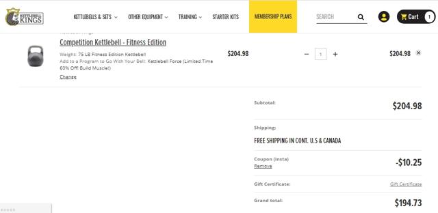 Kettlebell Kings checkout page showing Kettlebell Kings discount code box | Screenshot taken by SimplyCodes community member on Mar 29, 2021