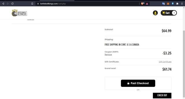 Kettlebell Kings checkout page showing Kettlebell Kings discount code box | Screenshot taken by SimplyCodes community member on Aug 11, 2021
