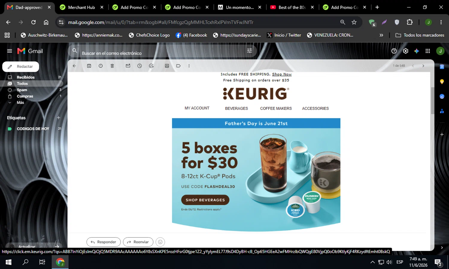 Keurig promo code screenshot showing code FLASHDEAL30 applied at Keurig checkout page. Uploaded by SimplyCodes community member Codehunter on Jun 11, 2026