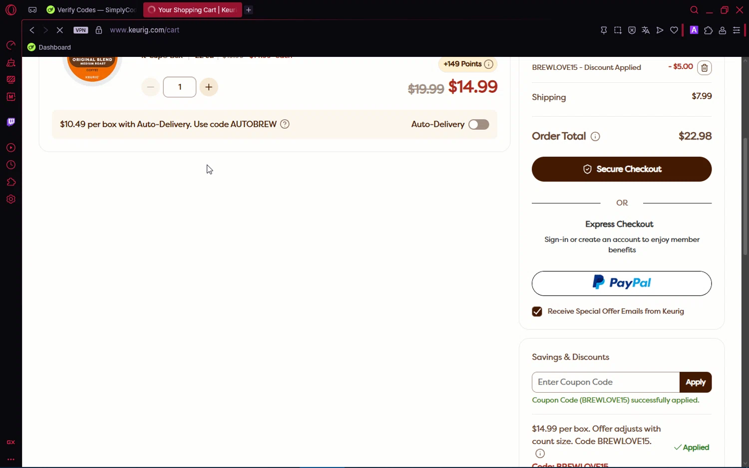 Keurig Commercial checkout page showing Keurig Commercial promo code box | Screenshot taken by SimplyCodes community member on Feb 15, 2026
