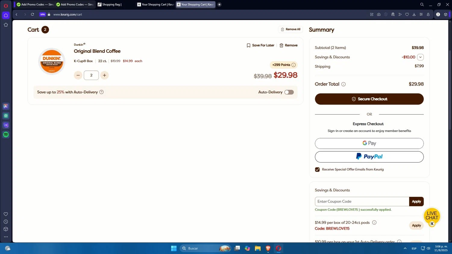 Keurig Commercial promo code screenshot showing code BREWLOVE15 applied at Keurig Commercial checkout page. Uploaded by SimplyCodes community member Mdeoca on Sep 11, 2025