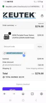 MOUNTAINOUSDACH coupon verification screenshot