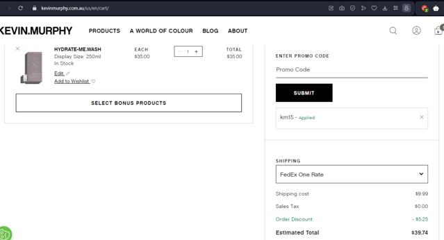Kevin.Murphy checkout page showing Kevin.Murphy promo code box | Screenshot taken by SimplyCodes community member on Nov 21, 2023