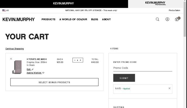 Kevin.Murphy checkout page showing Kevin.Murphy promo code box | Screenshot taken by SimplyCodes community member on Oct 2, 2023