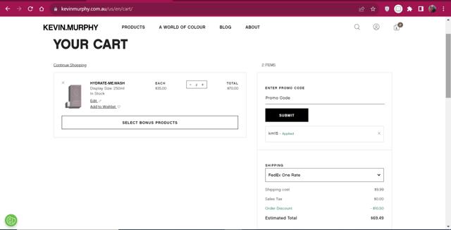 Kevin.Murphy checkout page showing Kevin.Murphy promo code box | Screenshot taken by SimplyCodes community member on Sep 15, 2023