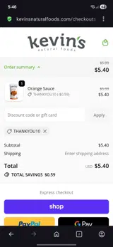 Kevin's Natural Foods coupon verification screenshot