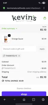 Kevin's Natural Foods coupon verification screenshot