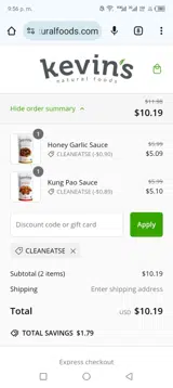 Kevin's Natural Foods coupon verification screenshot