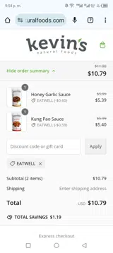 Kevin's Natural Foods coupon verification screenshot