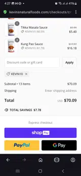 Kevin's Natural Foods coupon verification screenshot