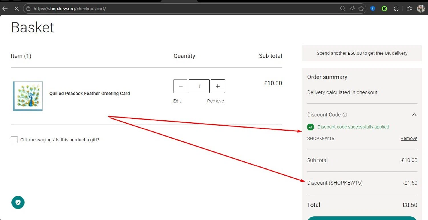 Kew promo code screenshot showing code SHOPKEW15 applied at Kew checkout page. Uploaded by SimplyCodes community member HonestVzla on Mar 30, 2026