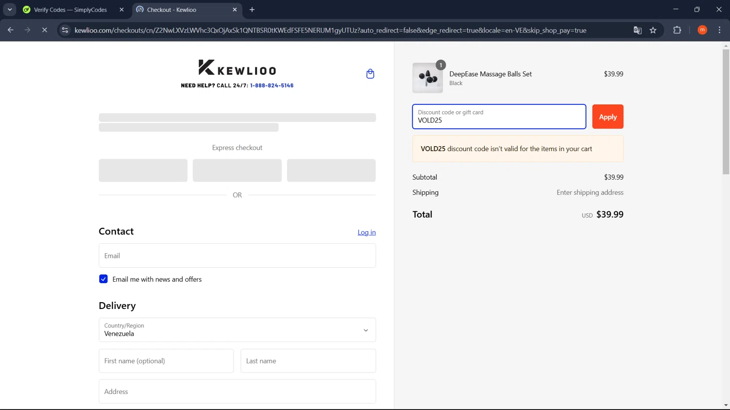 Kewlioo discount code screenshot showing code VOLD25 applied at Kewlioo checkout page. Uploaded by SimplyCodes community member PromoMonarch895 on Feb 22, 2025