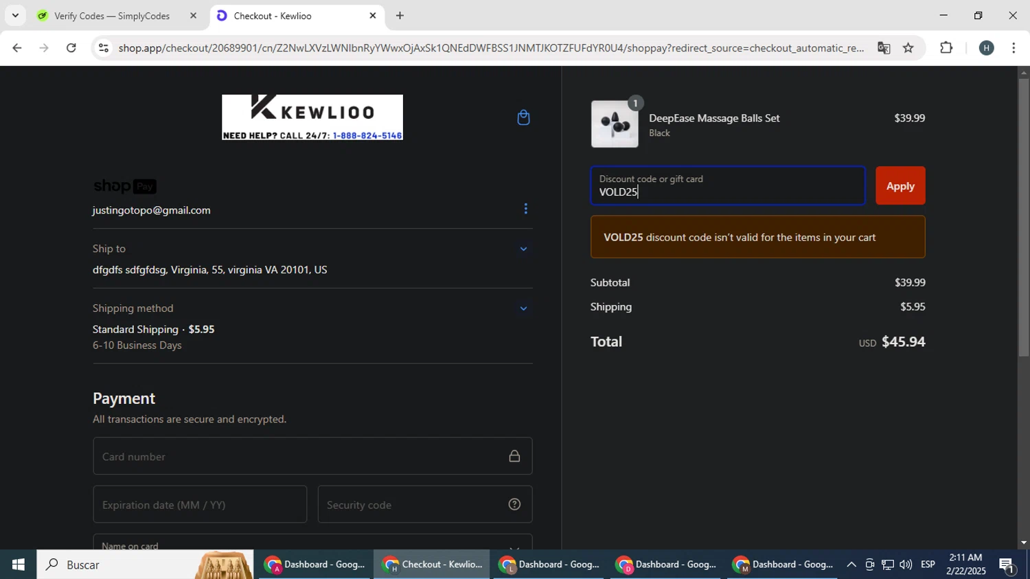 Kewlioo discount code screenshot showing code VOLD25 applied at Kewlioo checkout page. Uploaded by SimplyCodes community member YAMAHA on Feb 22, 2025