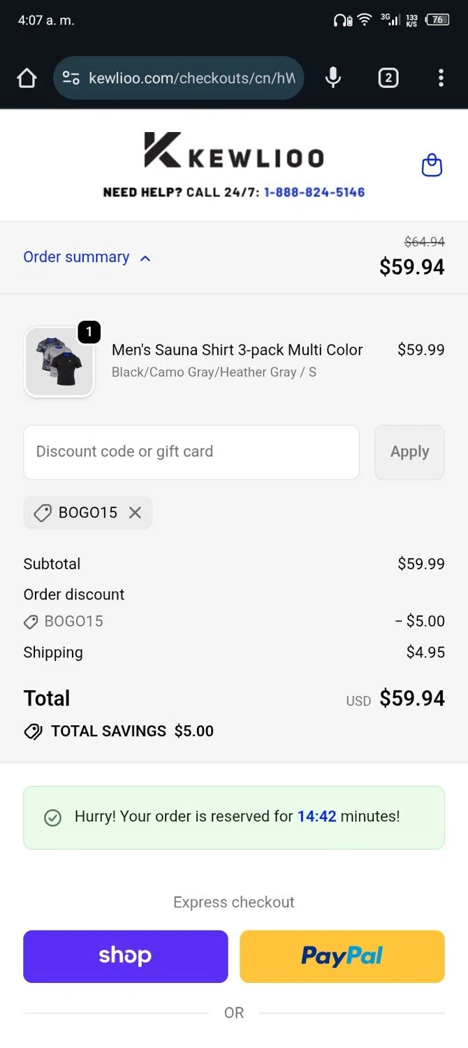 Kewlioo discount code screenshot showing code BOGO15 applied at Kewlioo checkout page. Uploaded by SimplyCodes community member Nickurtdale on Dec 22, 2025