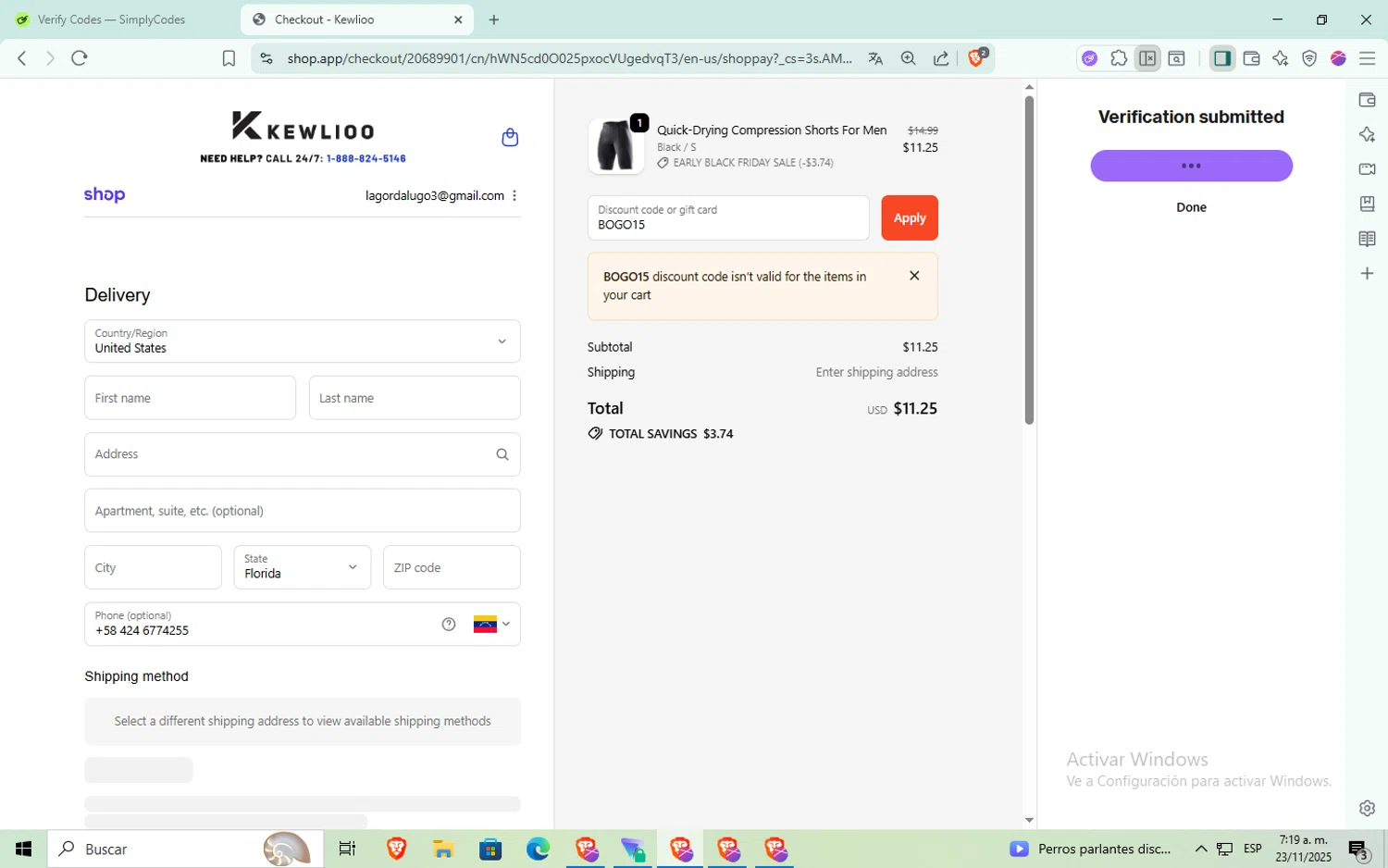 Kewlioo discount code screenshot showing code BOGO15 applied at Kewlioo checkout page. Uploaded by SimplyCodes community member Puta_madre10 on Nov 23, 2025