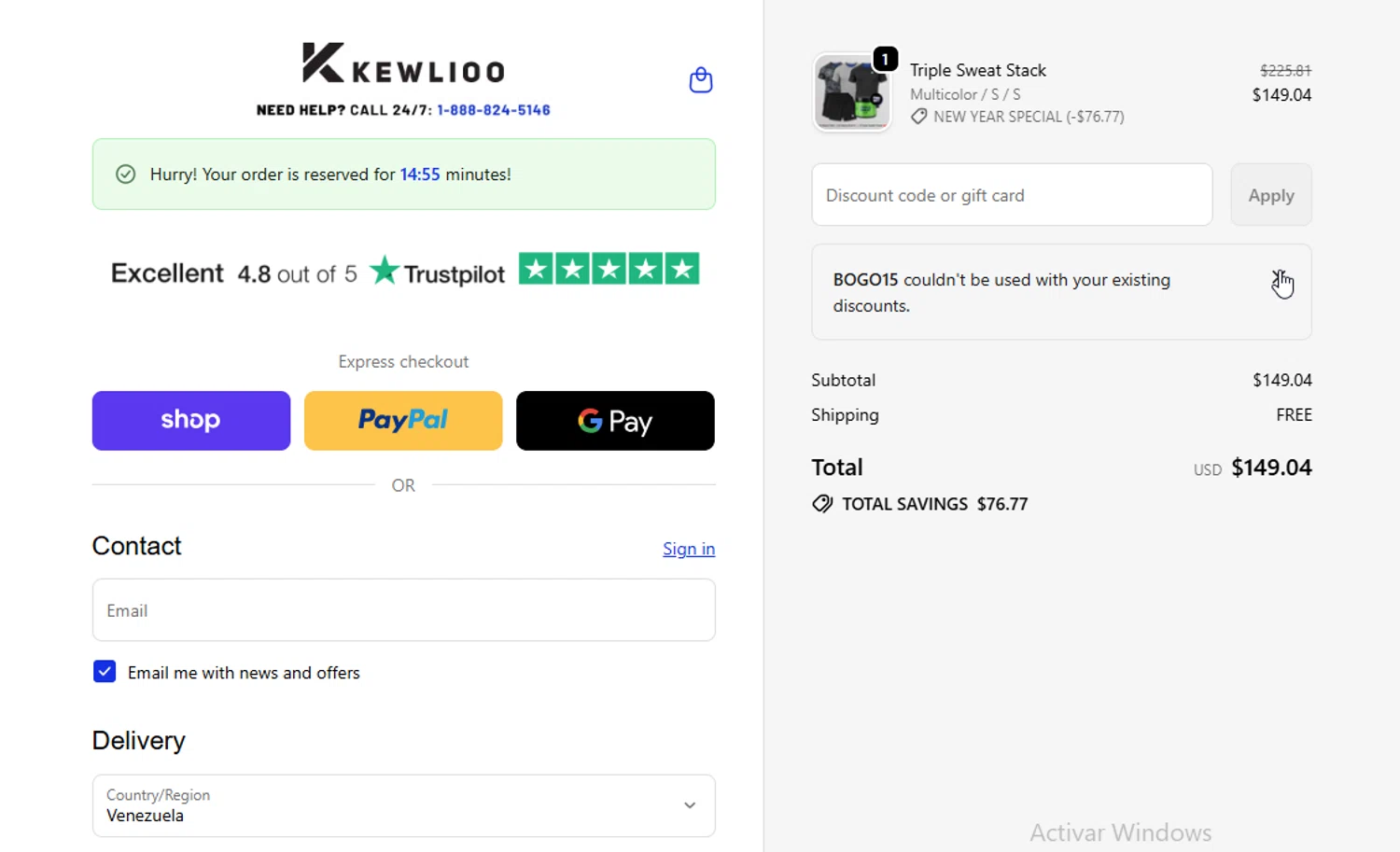 Kewlioo discount code screenshot showing code BOGO15 applied at Kewlioo checkout page. Uploaded by SimplyCodes community member ligthYA on Jan 30, 2026