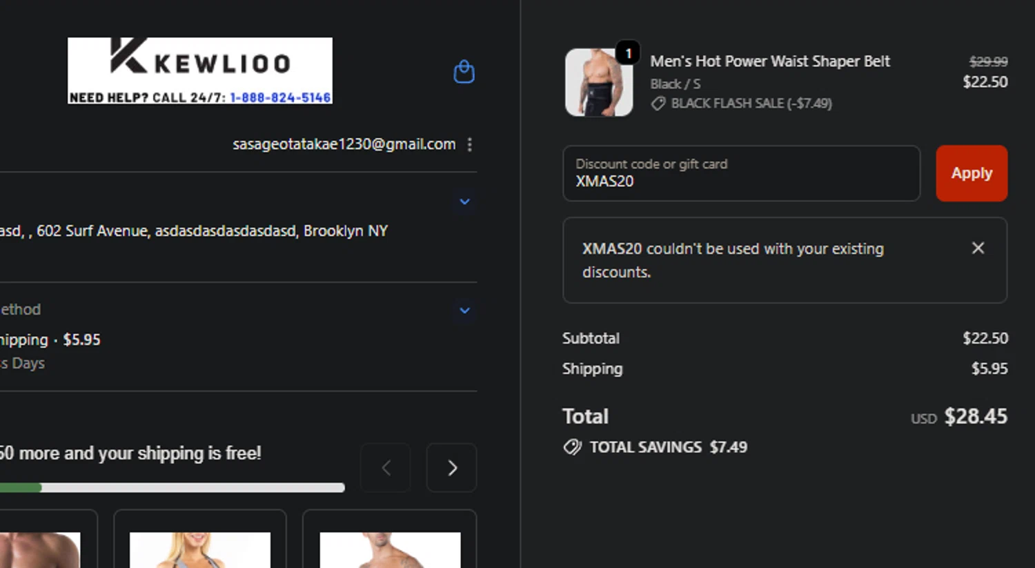 Kewlioo discount code screenshot showing code XMAS20 applied at Kewlioo checkout page. Uploaded by SimplyCodes community member FIREINTHEHOLE on Nov 18, 2025