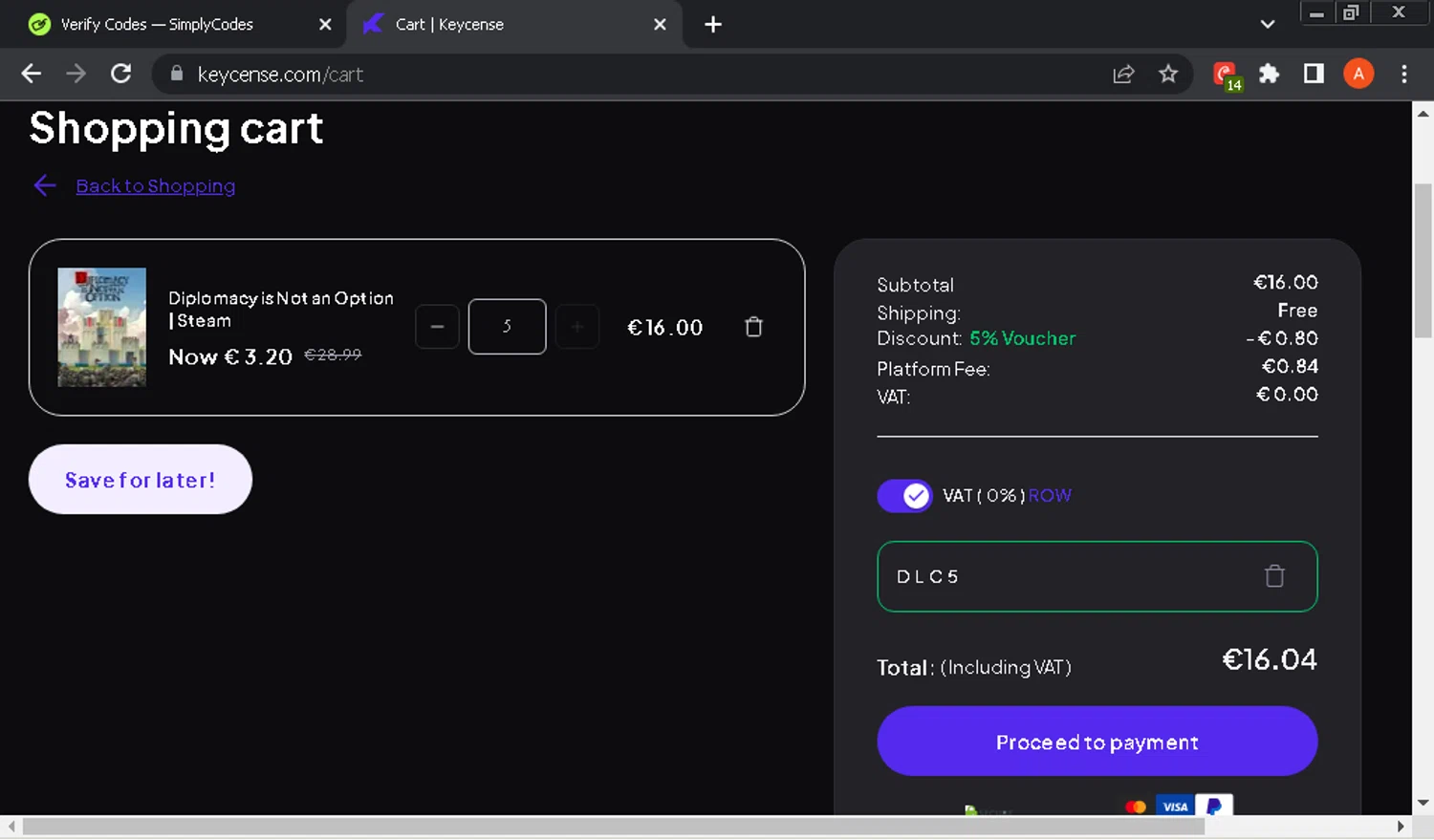 Keycense promo code screenshot showing code DLC5 applied at Keycense checkout page. Uploaded by SimplyCodes community member GloriousOwl8819 on Sep 30, 2025