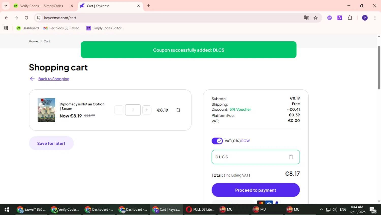 Keycense promo code screenshot showing code DLC5 applied at Keycense checkout page. Uploaded by SimplyCodes community member Suicune on Dec 18, 2025