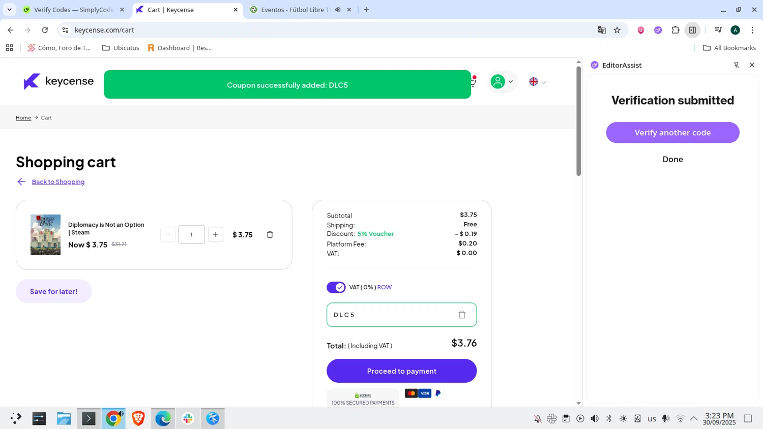 Keycense promo code screenshot showing code DLC5 applied at Keycense checkout page. Uploaded by SimplyCodes community member admeneses on Sep 30, 2025