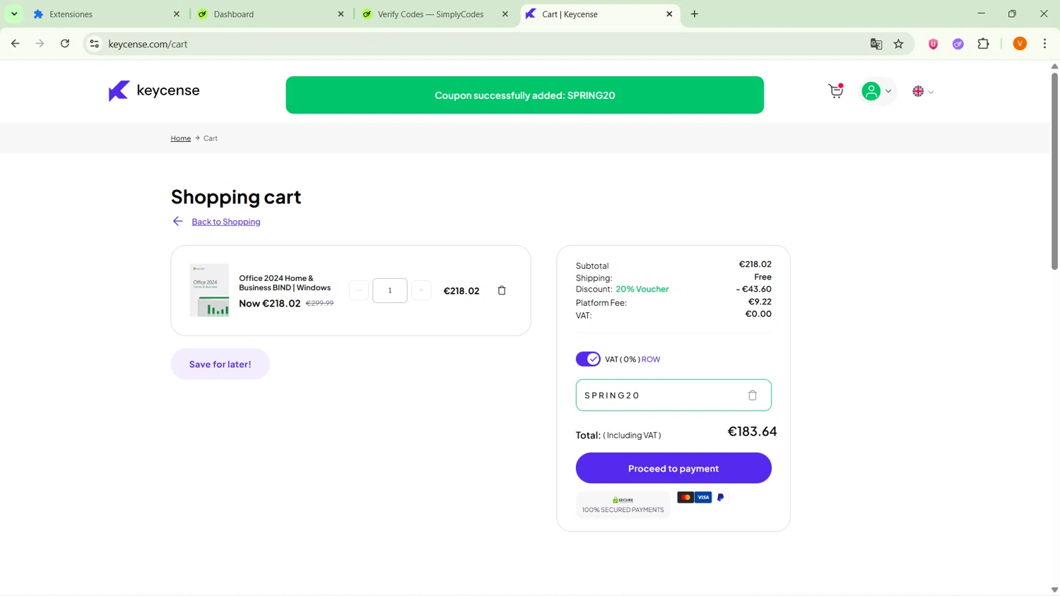 Keycense promo code screenshot showing code SPRING20 applied at Keycense checkout page. Uploaded by SimplyCodes community member RebateSaver5991 on Dec 10, 2025