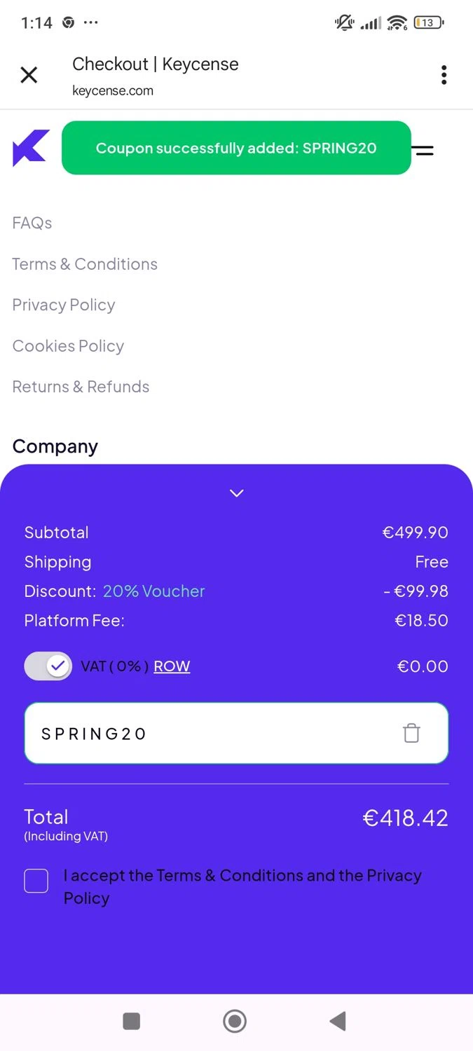 Keycense checkout page showing Keycense promo code box | Screenshot taken by SimplyCodes community member on Jan 1, 2026