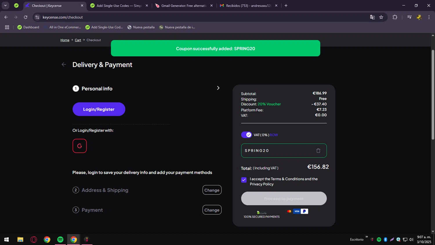 Keycense promo code screenshot showing code SPRING20 applied at Keycense checkout page. Uploaded by SimplyCodes community member andressssssa on Oct 3, 2025