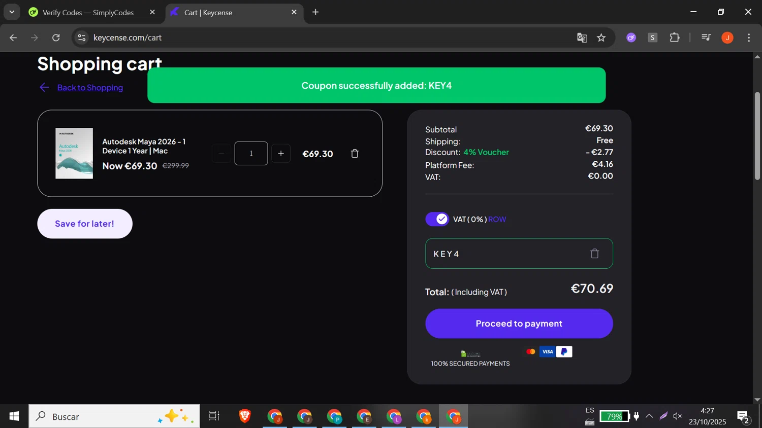 Keycense promo code screenshot showing code KEY4 applied at Keycense checkout page. Uploaded by SimplyCodes community member RewardLion5095 on Oct 23, 2025