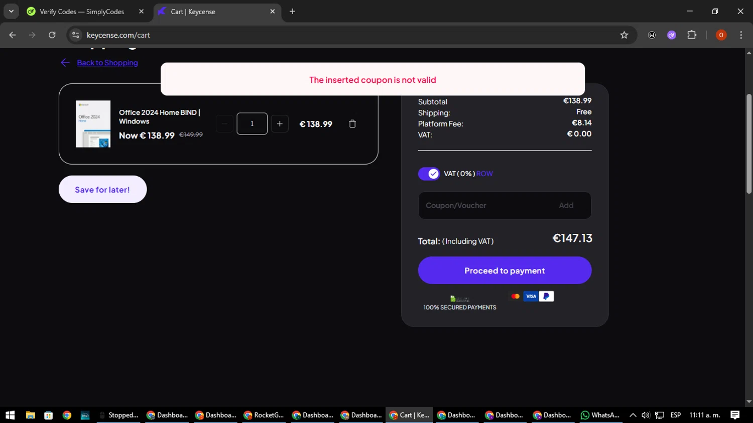 Keycense promo code screenshot showing code OFFICE20 applied at Keycense checkout page. Uploaded by SimplyCodes community member CleverSpotter3730 on Aug 4, 2025