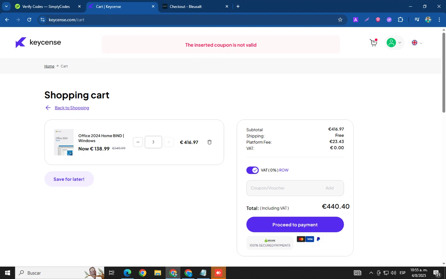 Keycense promo code screenshot showing code OFFICE20 applied at Keycense checkout page. Uploaded by SimplyCodes community member XemoGOD on Aug 4, 2025