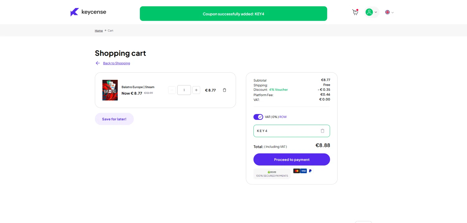 Keycense promo code screenshot showing code KEY4 applied at Keycense checkout page. Uploaded by SimplyCodes community member Dorothy on Jun 29, 2025