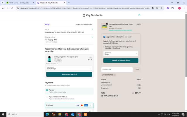 Key Nutrients checkout page showing Key Nutrients discount code box | Screenshot taken by SimplyCodes community member on Sep 12, 2025