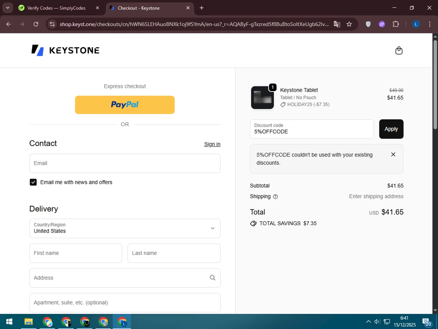 Keyst.one promo code screenshot showing code 5%OFFCODE applied at Keyst.one checkout page. Uploaded by SimplyCodes community member LegendaryLegend5536 on Dec 15, 2025