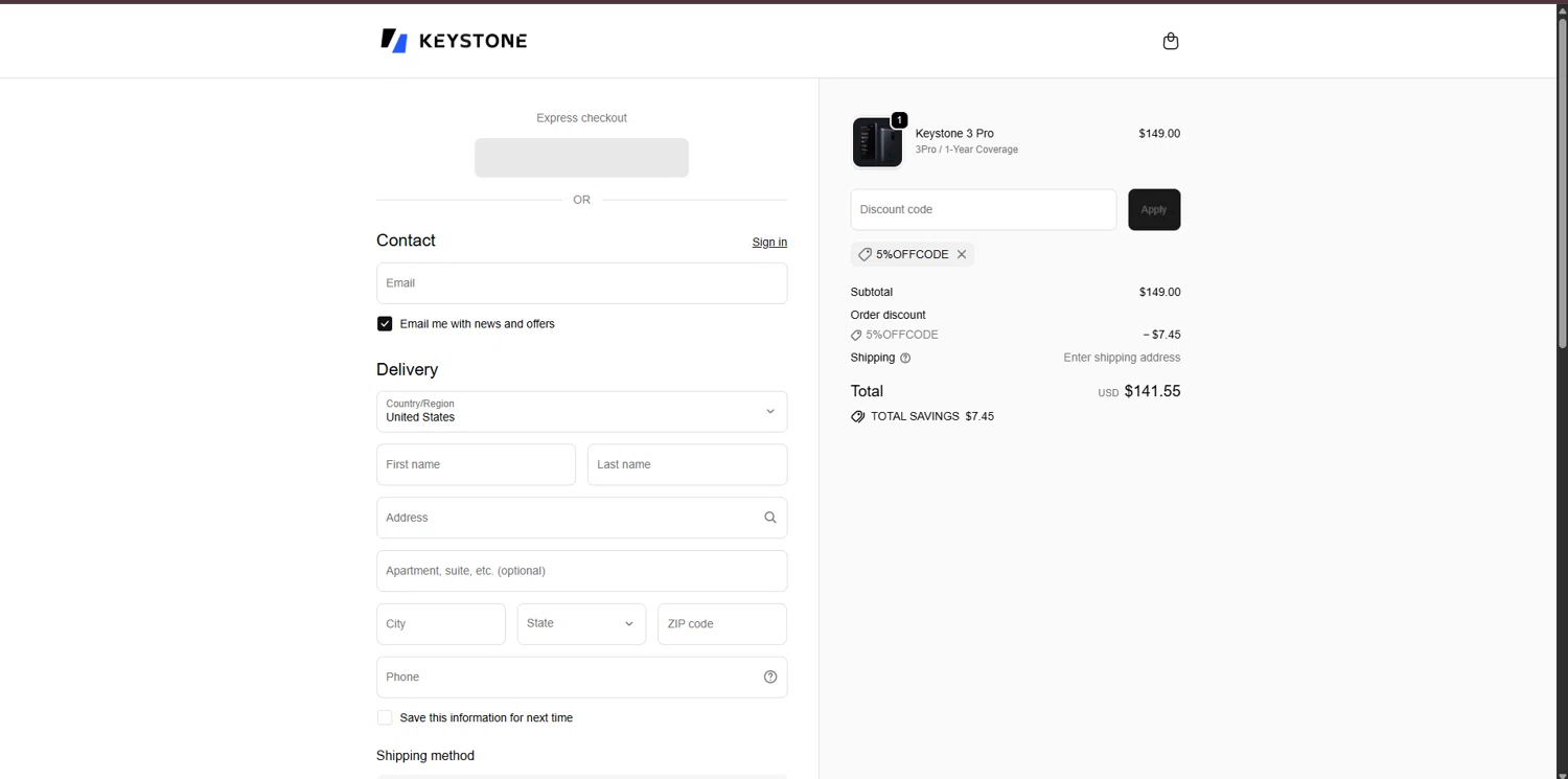 Keyst.one promo code screenshot showing code 5%OFFCODE applied at Keyst.one checkout page. Uploaded by SimplyCodes community member WonderVirtuoso3484 on Oct 17, 2025
