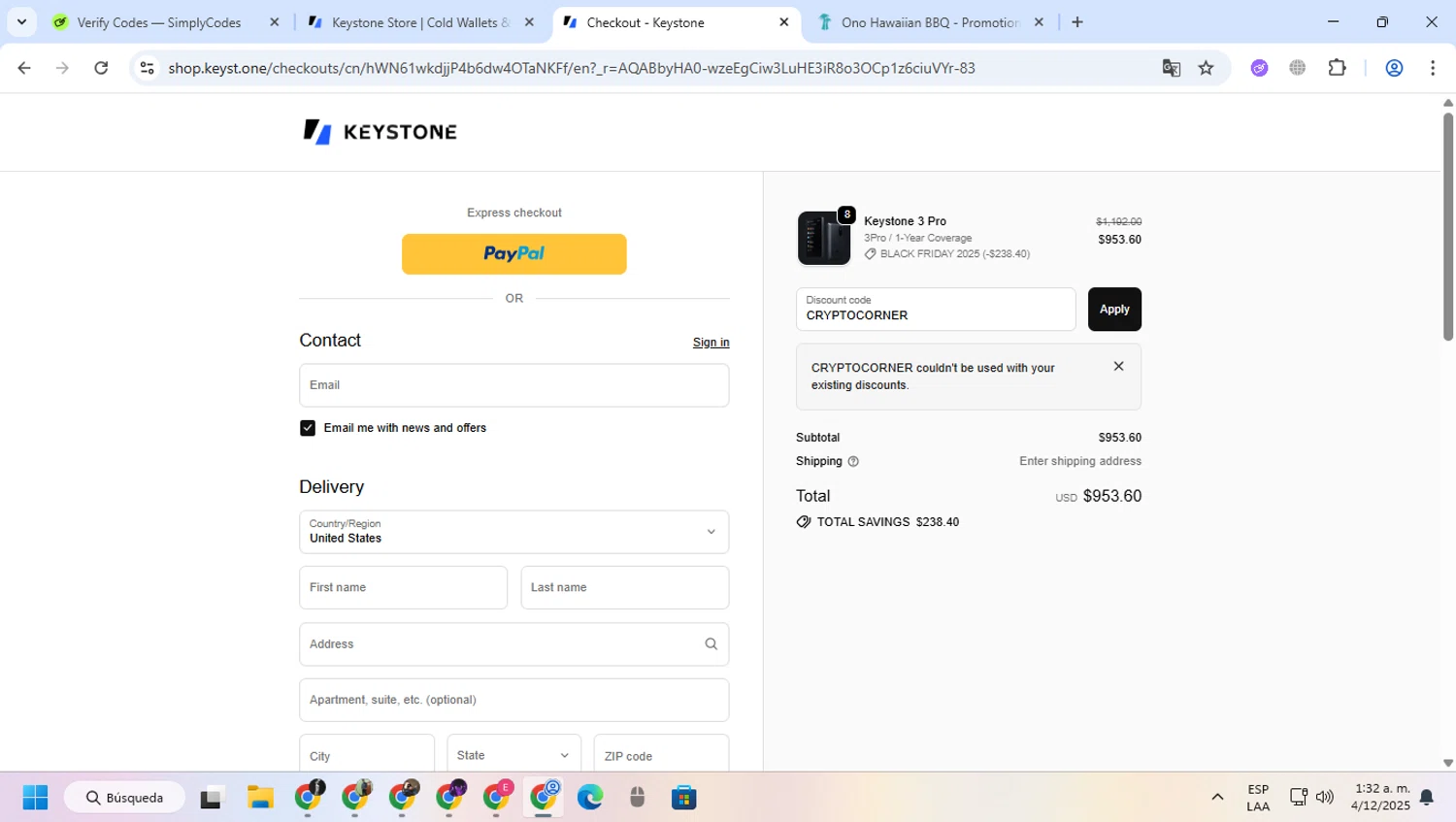 Keyst.one promo code screenshot showing code CRYPTOCORNER applied at Keyst.one checkout page. Uploaded by SimplyCodes community member greulis on Dec 4, 2025