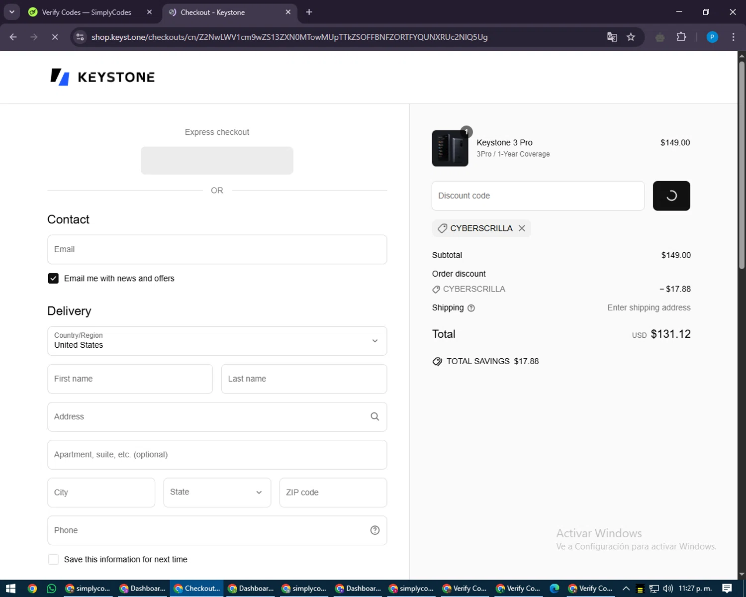 Keyst.one promo code screenshot showing code CYBERSCRILLA applied at Keyst.one checkout page. Uploaded by SimplyCodes community member juiceWRLD on Apr 25, 2025